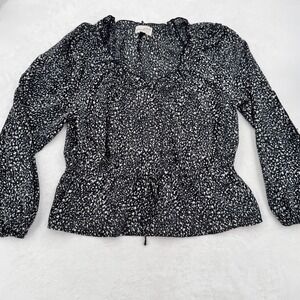 Universal Thread Peasant Blouse Black White Speckle Print Long Sleeve Top Large
